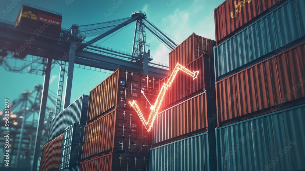 Poster crane at the dock loading cargo containers from a ship, with a rising bar chart and up arrow. concep