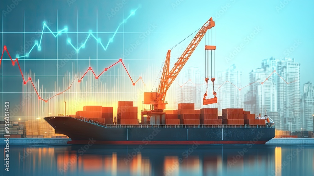 Poster crane at the dock unloading cargo from a ship, with a background of an upward trend chart. represent