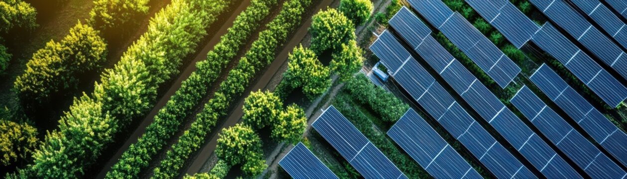 Aerial view of lush fields and solar panels, showcasing sustainable energy and agriculture coexisting harmoniously.