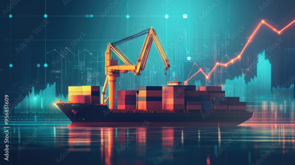 Poster crane at the dock unloading cargo from a ship, with a background of an upward trend chart. represent