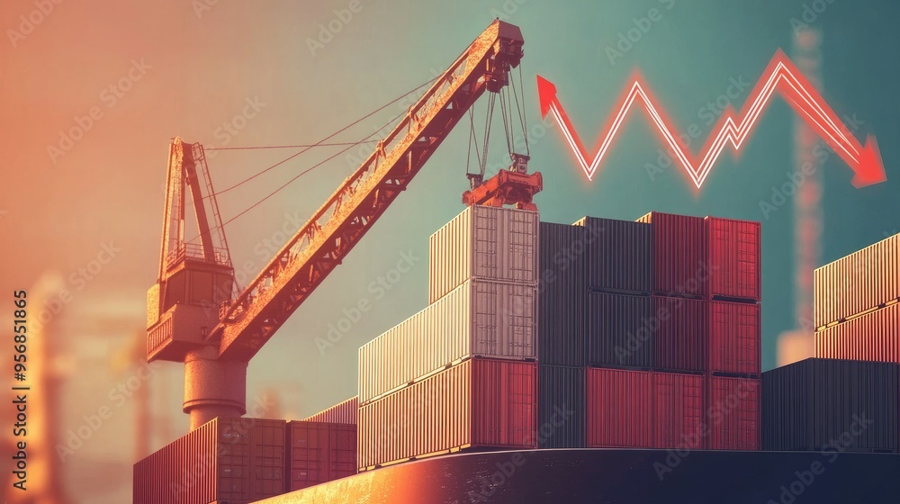 Poster crane at the port lifting cargo containers from a ship, with an up arrow and increasing graph in the