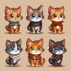 Fototapeta premium Cute illustrated kittens with big eyes and colorful scarves, ideal for children's products, stickers, and themed social media posts