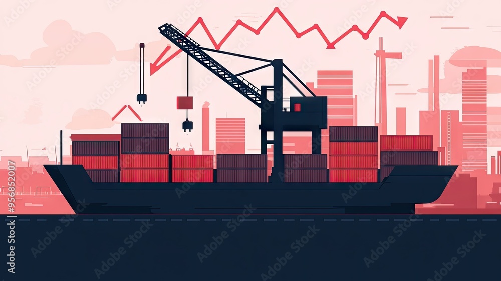Poster crane at the port lifting cargo containers from a ship, with an up arrow and increasing graph in the