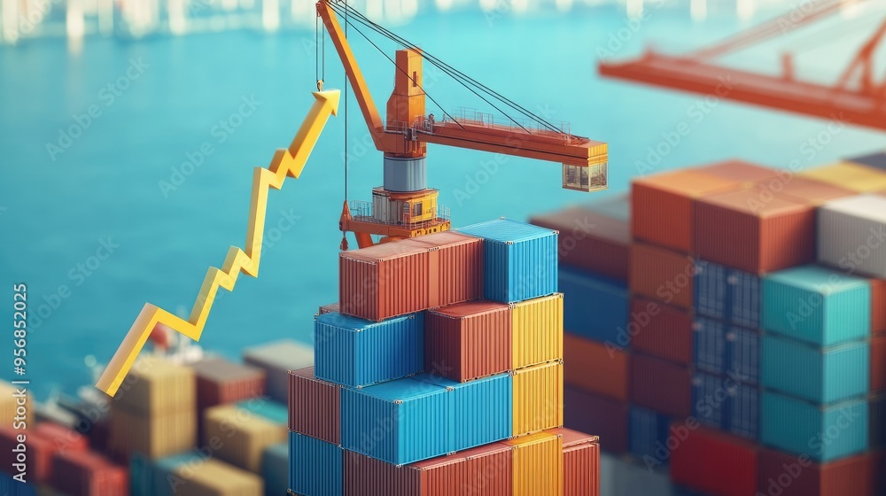 Poster crane at the port lifting cargo containers from a ship, with an up arrow and increasing graph in the