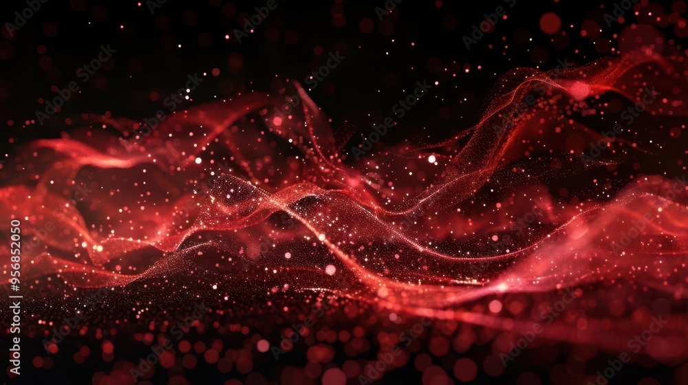 Poster swirling red abstract particles futuristic visual effect overlay isolated on black background