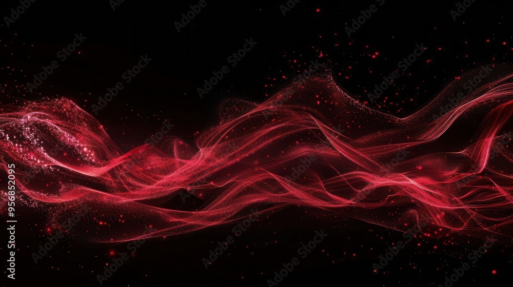 Poster swirling red abstract particles futuristic visual effect overlay isolated on black background