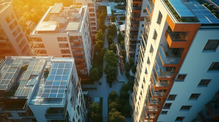 Aerial view of modern apartment buildings with solar panels, surrounded by greenery and bathed in warm sunset light.
