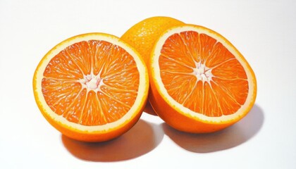 Fototapeta premium Oil painting depicting a halved orange with two additional segments isolated on a white background