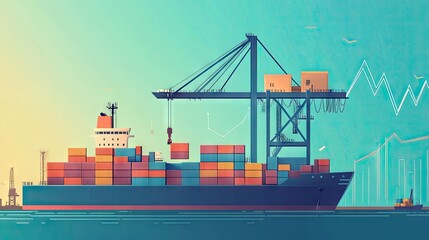 Fototapeta premium Crane lifting cargo containers from a ship at the port, with a background of an increasing graph. Illustrates export and freight transport dynamics.