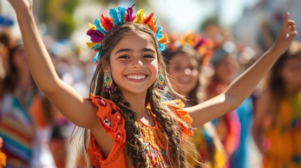 Fototapeta premium A street parade with people of all ages dancing together, celebrating community and culture, with smiles and bright costumes filling the scene.