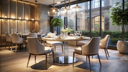 Fototapeta premium A stylish, minimalist restaurant setting features a pristine clear glass table surrounded by elegant chairs, adorned with a simple yet refined tablecloth and ambient lighting.