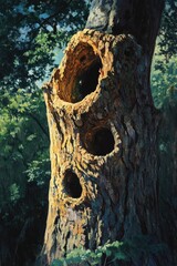 Obraz premium Oil painting depicting an ancient tree with knot holes and peeling bark showcasing its natural features and unique characteristics