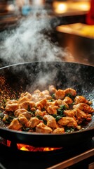 Chicken stir-fry cooking in hot wok

