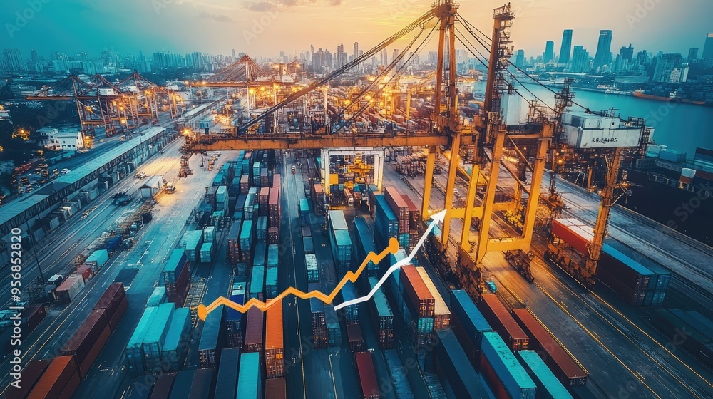 Poster crane operating at a busy dock with cargo containers, complemented by a rising bar chart and up arro