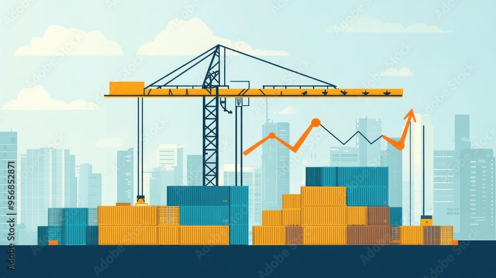 Poster crane operating at a busy dock with cargo containers, complemented by a rising bar chart and up arro