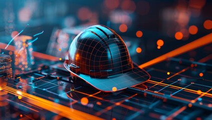 Digital construction helmet floating over an abstract, futuristic background with glowing data points and lines representing the flow of information in modern engineering design.