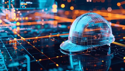 Digital construction helmet floating over an abstract, futuristic background with glowing data points and lines representing the flow of information in modern engineering design.