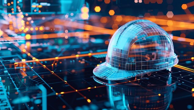 Digital construction helmet floating over an abstract, futuristic background with glowing data points and lines representing the flow of information in modern engineering design.