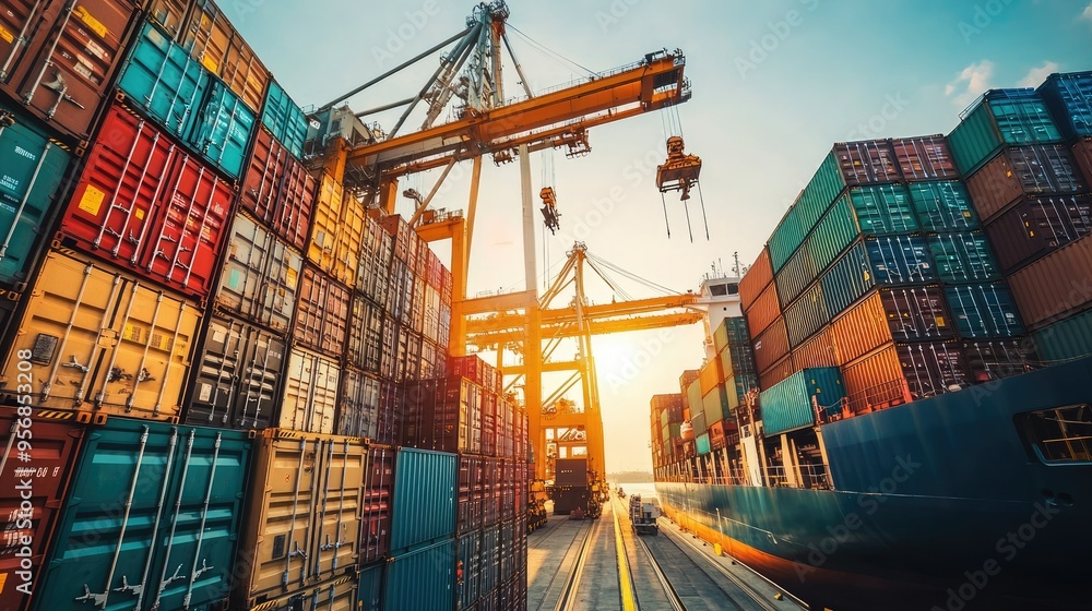 Poster cranes in action at a sea port, loading and unloading containers from a cargo ship. captures the sca