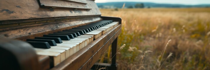 A weathered piano sits alone in a vast field, symbolizing the enduring beauty and tranquility of art, creating a silent yet powerful depiction of timeless creativity.