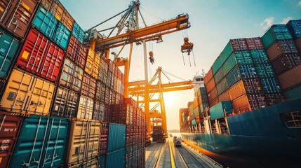 Cranes in action at a sea port, loading and unloading containers from a cargo ship. Captures the scale and activity of maritime logistics and shipping.