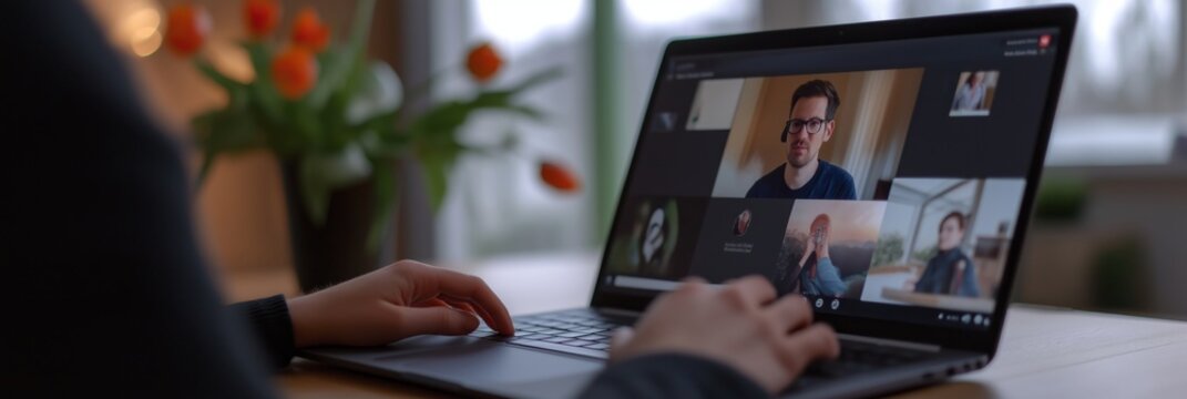 A person participates in a virtual meeting on a modern laptop, with five other participants visible on the screen.
