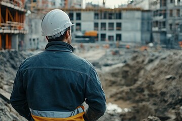 Fototapeta premium Construction Worker in Hard Hat Overseeing Building Site, Urban Development Project in Progress 