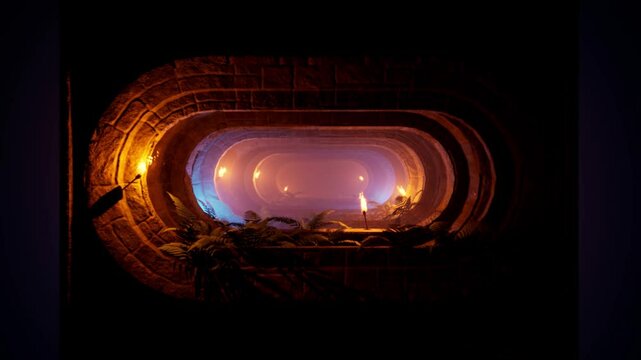exotic tunnel with stone surface texture and fern plants. Camera movement ahead across jungle and walls with burning torch