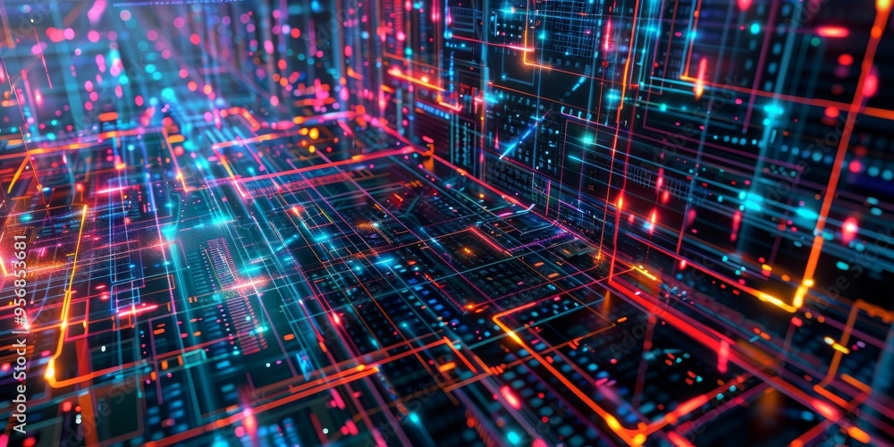Aufkleber abstract design of digital infrastructure with data servers and communication networks