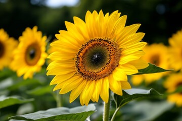 Fototapeta premium Sunflowers, tall and bright, golden fields turn their faces to follow the sun