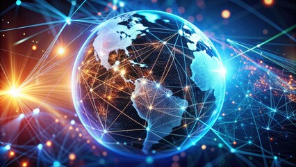 Obraz premium A stylized digital illustration of a futuristic globe surrounded by glowing lines and nodes, symbolizing connectivity, data exchange, and global networking infrastructure.