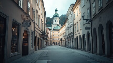Fototapeta premium The peaceful streets of Salzburg, Austria, with historic buildings and scenic views, captured without any people.