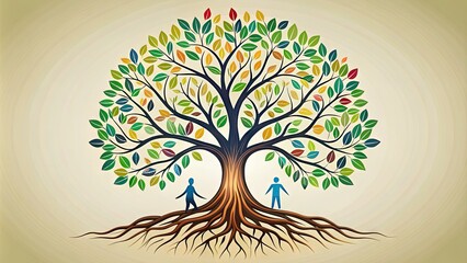 A stylized illustration of a family tree with interconnected branches and roots, symbolizing unity, heritage, and generational bonds in a modern, minimalist design.