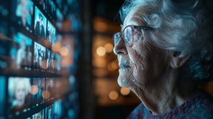 Elderly person interacting with a holographic display of cherished memories enhanced by AI technology