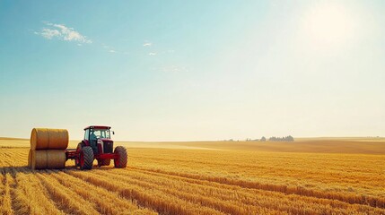 Obraz premium Farmers loading hay bales onto a cart in a golden field with a clear blue sky and rolling countryside