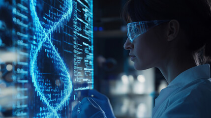Scientist analyzes a holographic 3D model of DNA in a modern lab, highlighting genomic data for personalized medicine