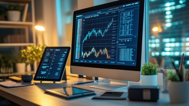 A minimalist home office with a high-end computer showcasing an NFT marketplace in natural light - Powered by Adobe