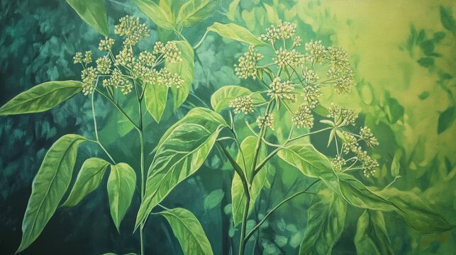 Oil painting depicting Lindera umbellata a species of plant