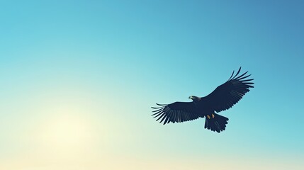 Fototapeta premium Minimalistic depiction of an eagle soaring high with outstretched wings over a smooth gradient sky