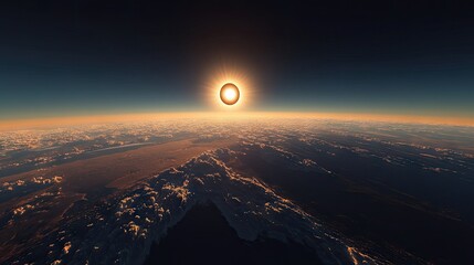 Detailed image of the solar eclipse with a clear view of the sun corona and the moon shadow casting over the earth, set against a twilight sky.