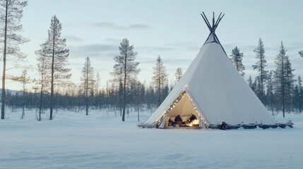 A cozy reindeer tent glows warmly in the snow-covered forest, inviting visitors inside where two people sit by a crackling fire, enhancing the holiday spirit