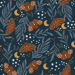 Enchanted Woodland Night - moth pattern on dark background with flora and stars. Colorful vector illustration.