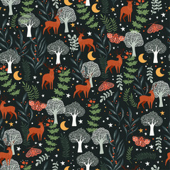 Whimsical Woodland Nightscape with Deer and Moths on dark background. Colorful seamless pattern, vector illustration.