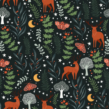 Whimsical Woodland Nightscape with Deer and Moths on dark background. Colorful seamless pattern, vector illustration.