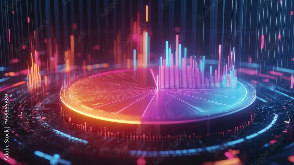 Poster detailed shot of a 3d pie chart with rotating segments, illustrating a dynamic data analysis with a 