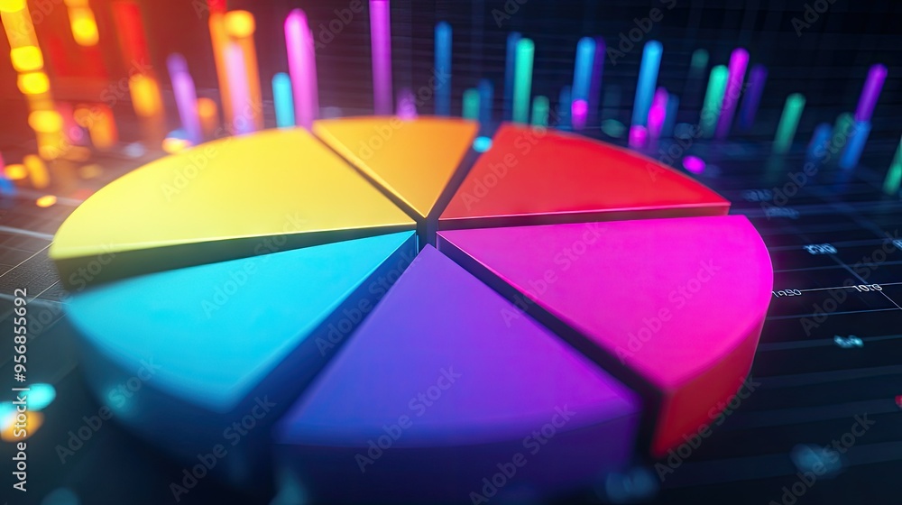 Poster detailed shot of a 3d pie chart with rotating segments, illustrating a dynamic data analysis with a 