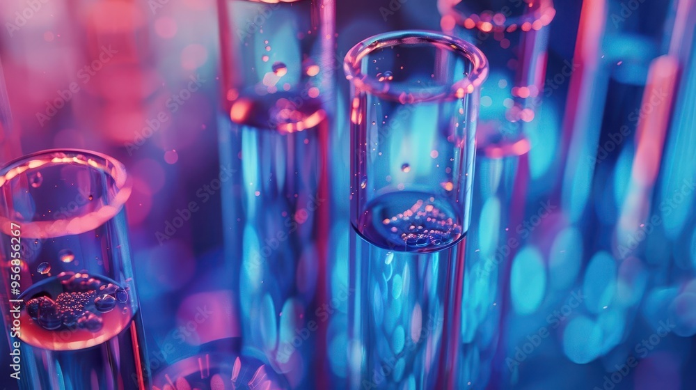 Aufkleber test tubes in blue and red tones with liquid droplets closeup macro science laboratory concept aigen