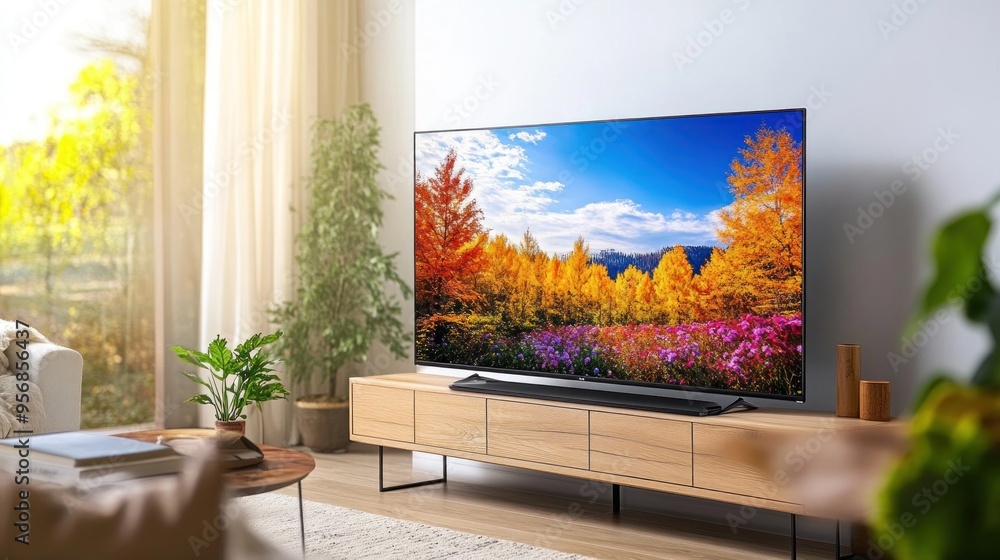 Wall mural Modern Living Room with a  Large Screen TV and Autumnal Landscape