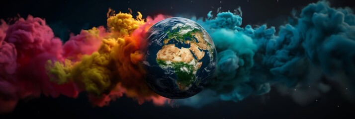 A vivid and creative depiction of Earth encircled by brilliantly colored swirling clouds, symbolizing the vibrancy and diversity of our planet and possibly representing environmental themes.
