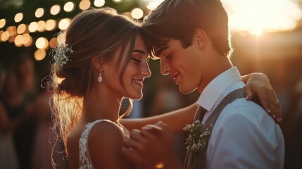 A young couple slow dancing under fairy lights at an outdoor wedding, lost in the moment, surrounded by their loved ones.